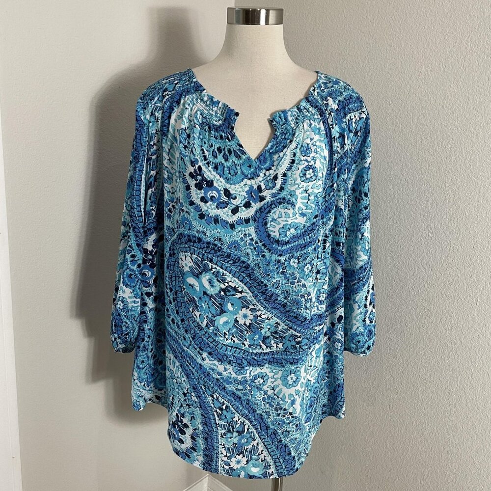 Talbots Blouse Womens 2X Blue Paisley 3/4 Sleeve V‎ Neck Tunic Top Lightweight